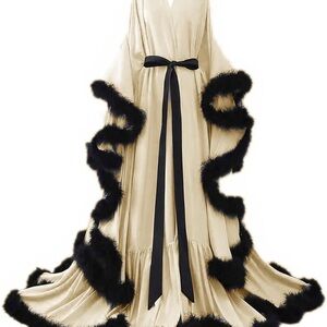 Cream Satin Robe with Black Feather Trim: Old Hollywood
